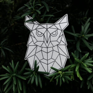 Gray owl shaped reflective badge with geometric pattern on a green background